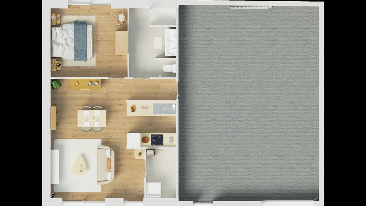 Vue axonométrique rez-de-chaussée Maison Flex