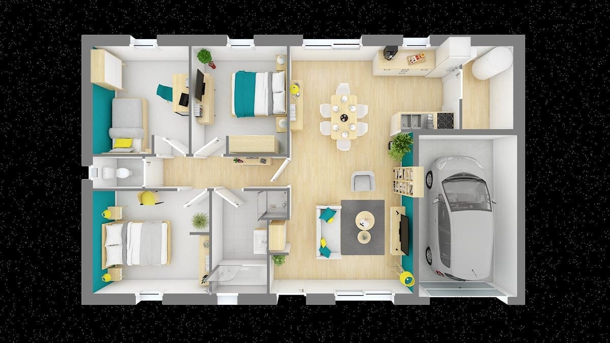 Vue axonométrique rez-de-chaussée Maison Cosy